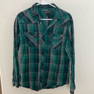 Helix Green and Black Plaid Snap Button Casual Shirt